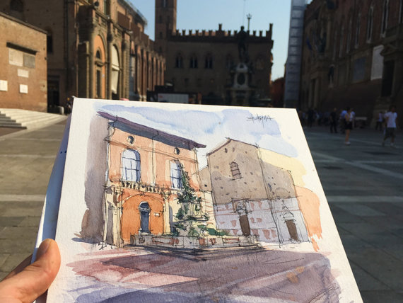 WBO002 Piazza del Nettuno Bologna original watercolor WBO002 Piazza del Nettuno Bologna original watercolor