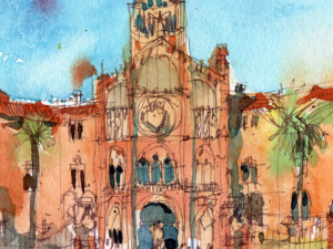 hospital-sant-pau-Bike-barcelona-Original-watercolor
