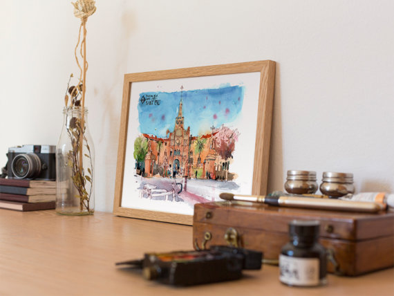 hospital-sant-pau-Bike-barcelona-Original-watercolor3 hospital-sant-pau-Bike-barcelona-Original-watercolor