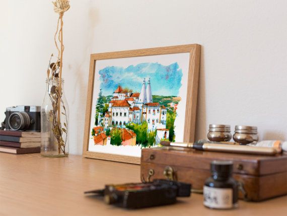 palacio-nacional-sintra-lisboa-original-watercolor palacio-nacional-sintra-lisboa-original-watercolor
