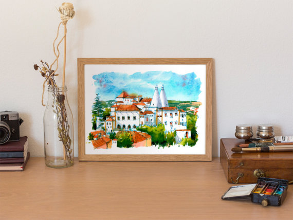 palacio-nacional-sintra-lisboa-original-watercolor palacio-nacional-sintra-lisboa-original-watercolor
