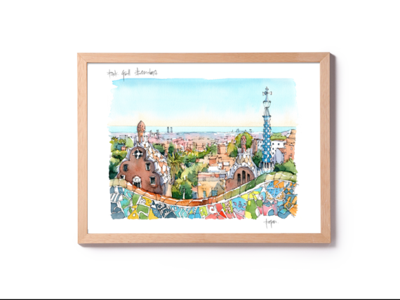Park-Guell-Trencadis-antoni-gaudi-barcelona-watercolor Park-Guell-Trencadis-antoni-gaudi-barcelona-watercolor