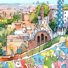 Park-Guell-Trencadis-antoni-gaudi-barcelona-watercolor Park-Guell-Trencadis-antoni-gaudi-barcelona-watercolor
