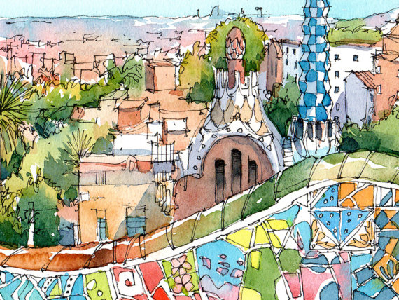 Park-Guell-Trencadis-antoni-gaudi-barcelona-watercolor Park-Guell-Trencadis-antoni-gaudi-barcelona-watercolor