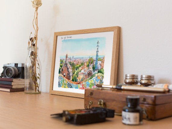 Park-Guell-Trencadis-antoni-gaudi-barcelona-watercolor Park-Guell-Trencadis-antoni-gaudi-barcelona-watercolor