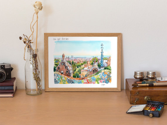Park-Guell-Trencadis-antoni-gaudi-barcelona-watercolor Park-Guell-Trencadis-antoni-gaudi-barcelona-watercolor